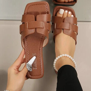 Brown Elegant Women's Snakeskin Embossed Cut Out Slide Sandals